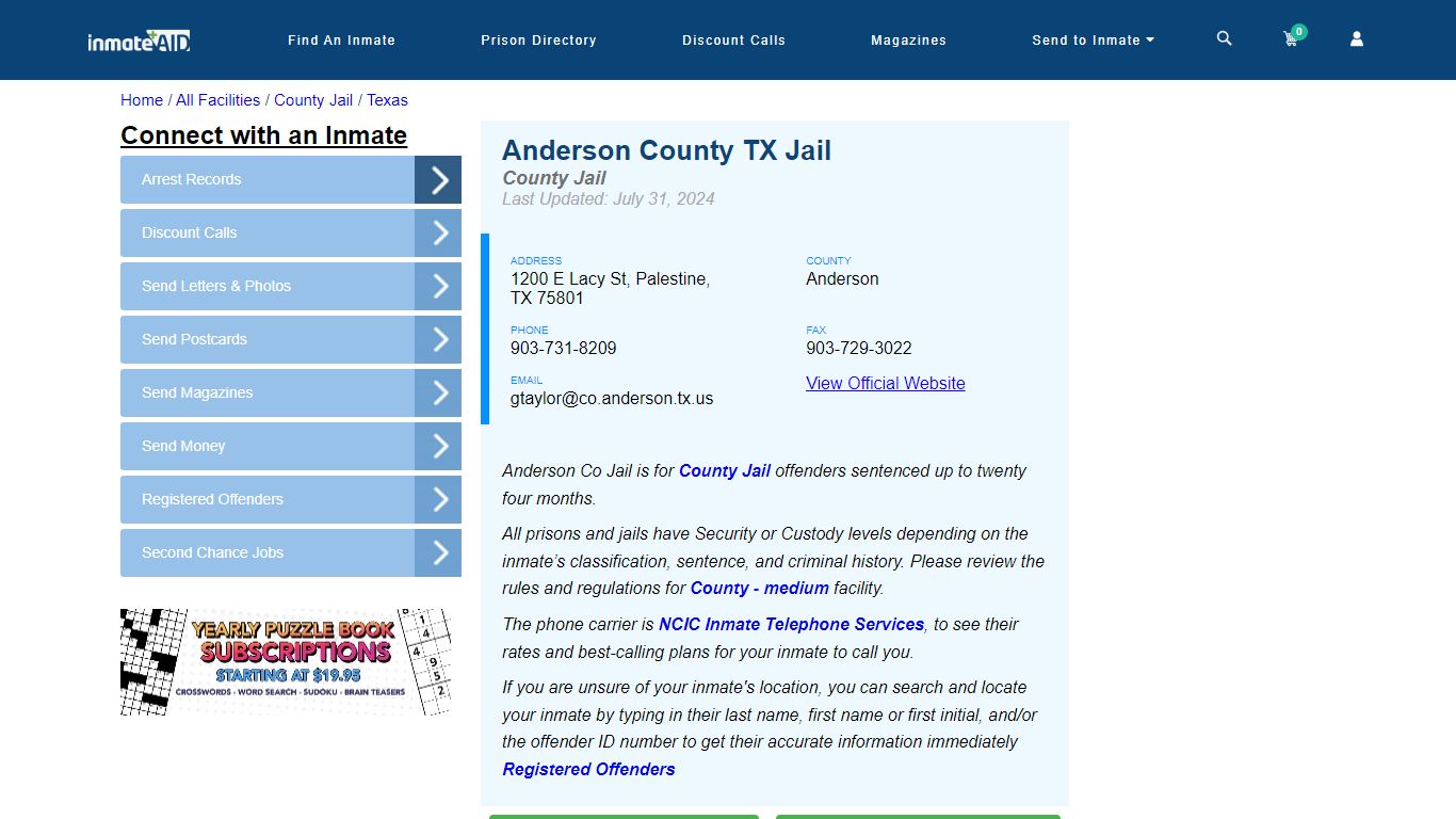 Anderson County TX Jail - Inmate Locator